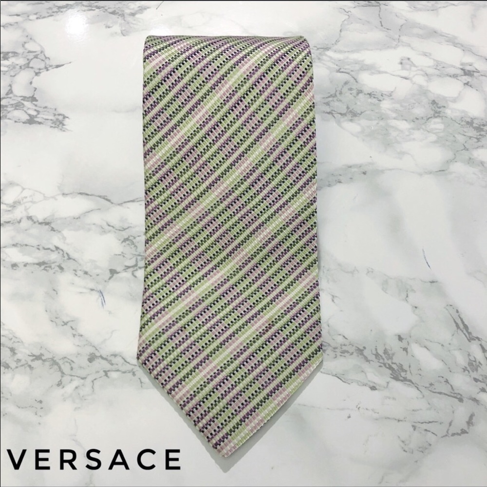 Versace Green Pink Pastel Striped Silk Tie EUC